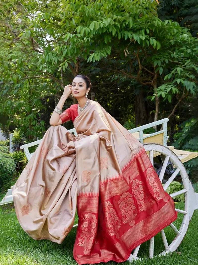 Craem maroon silk blend jacuard work festival saree with unstitched blouse piece