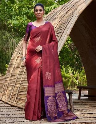 Maroon purple silk blend jacuard work festival saree with unstitched blouse piece 1