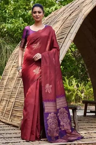 Maroon purple silk blend jacuard work festival saree with unstitched blouse piece
