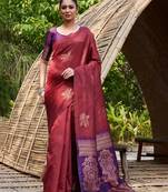Maroon purple silk blend jacuard work festival saree with unstitched blouse piece