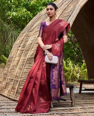 Maroon purple silk blend jacuard work festival saree with unstitched blouse piece 2