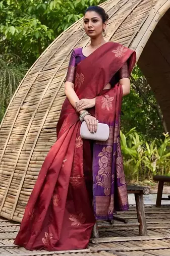 Maroon purple silk blend jacuard work festival saree with unstitched blouse piece