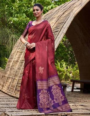 Maroon purple silk blend jacuard work festival saree with unstitched blouse piece 3