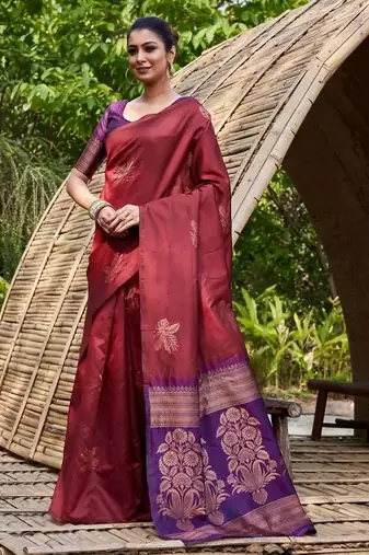 Maroon purple silk blend jacuard work festival saree with unstitched blouse piece