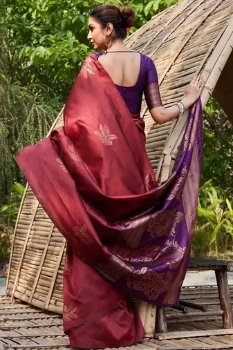 Maroon purple silk blend jacuard work festival saree with unstitched blouse piece