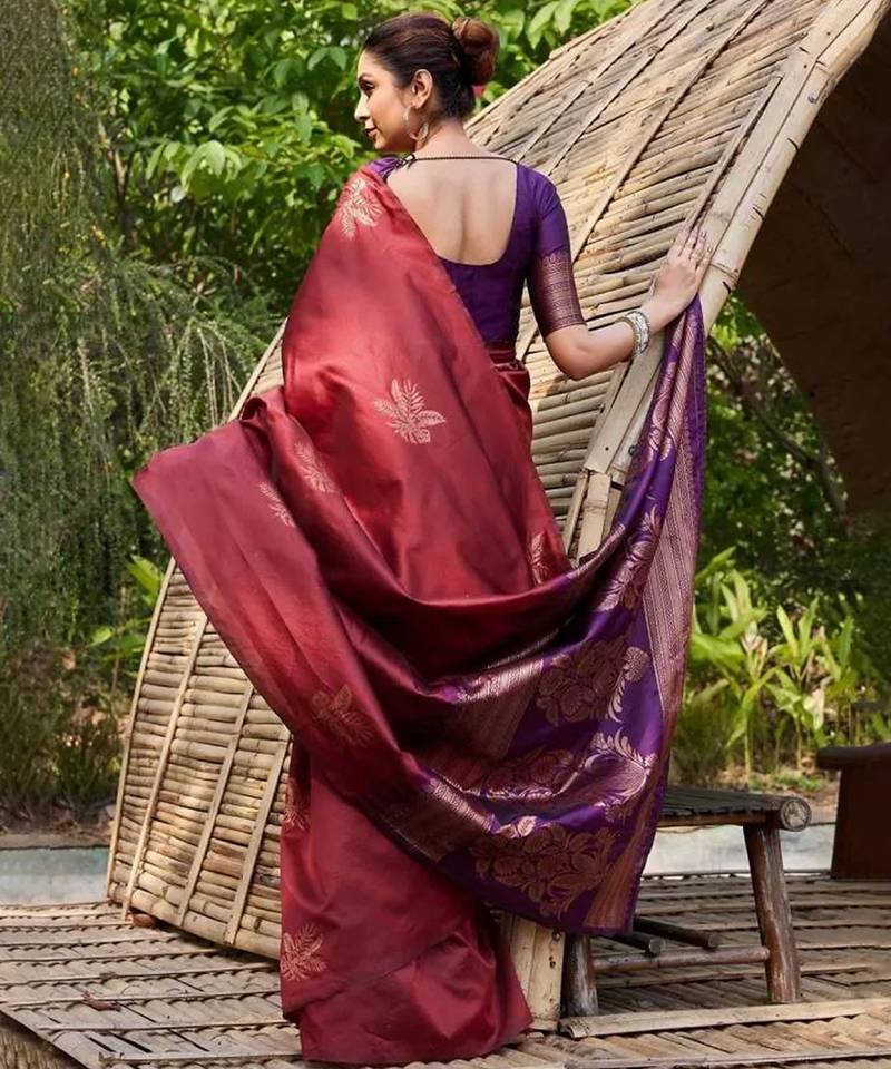 Maroon purple silk blend jacuard work festival saree with unstitched blouse piece