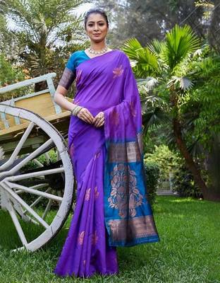 Purple rama silk blend jacuard work festival saree with unstitched blouse piece 1