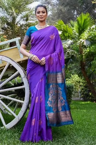Purple rama silk blend jacuard work festival saree with unstitched blouse piece