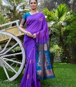 Purple rama silk blend jacuard work festival saree with unstitched blouse piece