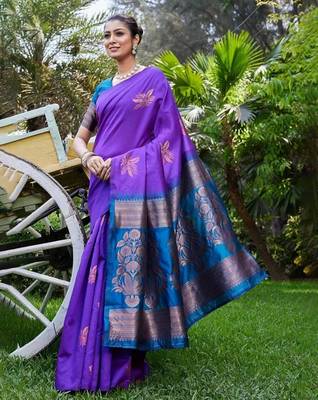 Purple rama silk blend jacuard work festival saree with unstitched blouse piece 2