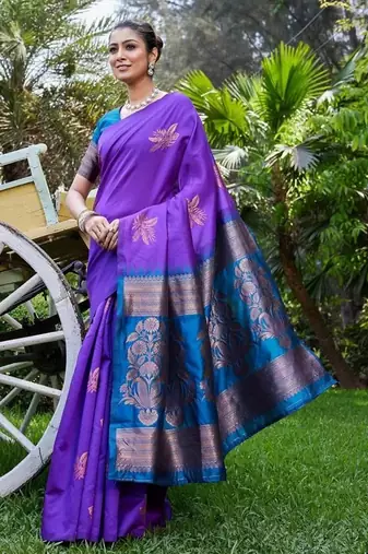 Purple rama silk blend jacuard work festival saree with unstitched blouse piece