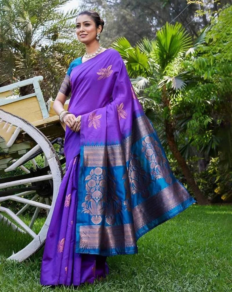 Purple rama silk blend jacuard work festival saree with unstitched blouse piece