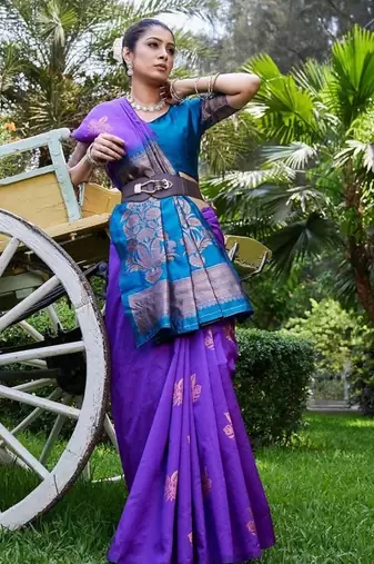 Purple rama silk blend jacuard work festival saree with unstitched blouse piece