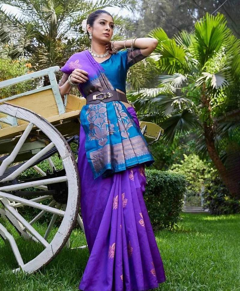 Purple rama silk blend jacuard work festival saree with unstitched blouse piece