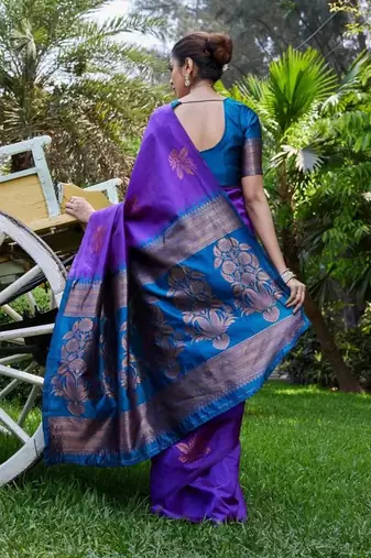 Purple rama silk blend jacuard work festival saree with unstitched blouse piece