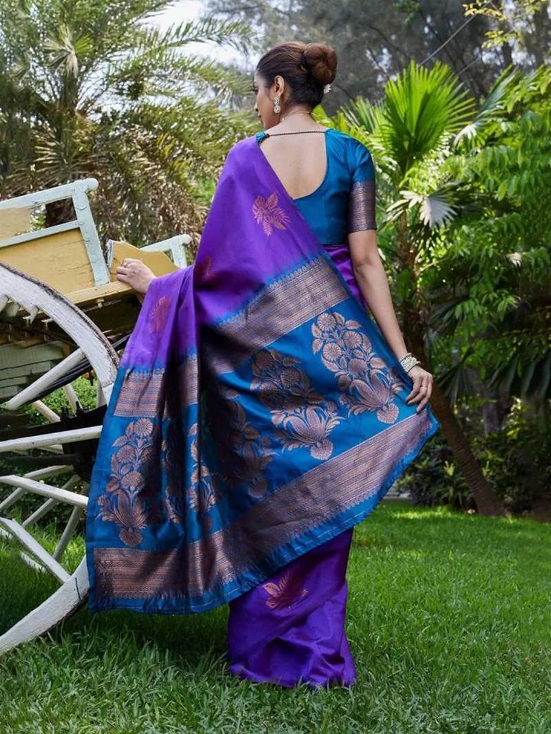 Purple rama silk blend jacuard work festival saree with unstitched blouse piece