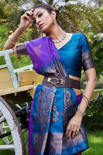 Purple rama silk blend jacuard work festival saree with unstitched blouse piece