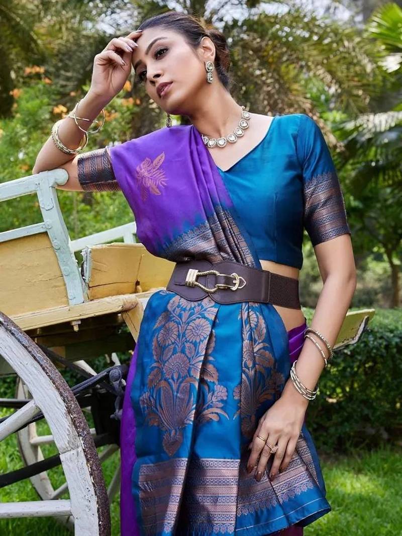 Purple rama silk blend jacuard work festival saree with unstitched blouse piece