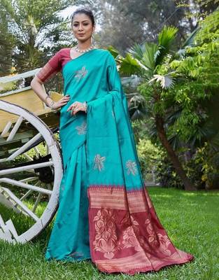 Rama maroon silk blend jacuard work festival saree with unstitched blouse piece 1