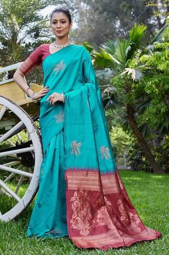 Rama maroon silk blend jacuard work festival saree with unstitched blouse piece