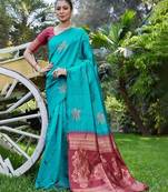 Rama maroon silk blend jacuard work festival saree with unstitched blouse piece
