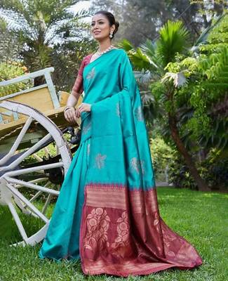 Rama maroon silk blend jacuard work festival saree with unstitched blouse piece 2