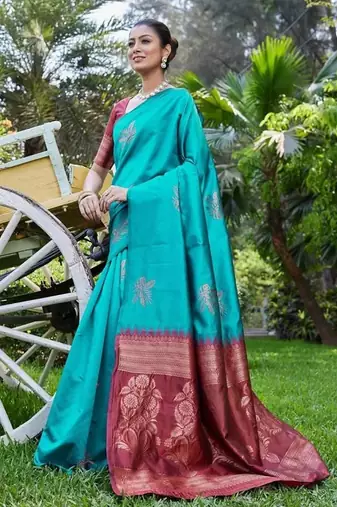 Rama maroon silk blend jacuard work festival saree with unstitched blouse piece