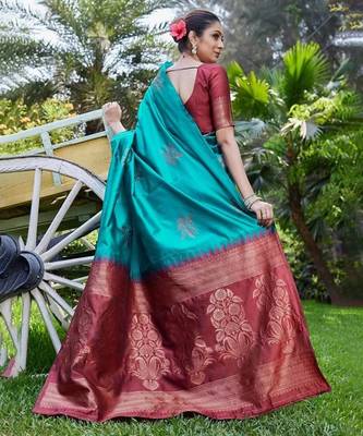 Rama maroon silk blend jacuard work festival saree with unstitched blouse piece 4