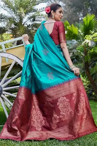 Rama maroon silk blend jacuard work festival saree with unstitched blouse piece
