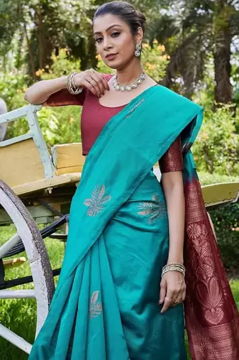 Rama maroon silk blend jacuard work festival saree with unstitched blouse piece