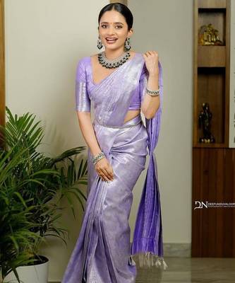 Lavender silk blend jacuard work festival saree with unstitched blouse piece 1