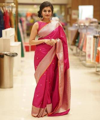 Pink silk blend jacuard work festival saree with unstitched blouse piece 1