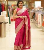 Pink silk blend jacuard work festival saree with unstitched blouse piece