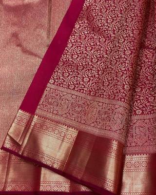 Maroon silk blend jacuard work festival saree with unstitched blouse piece 2