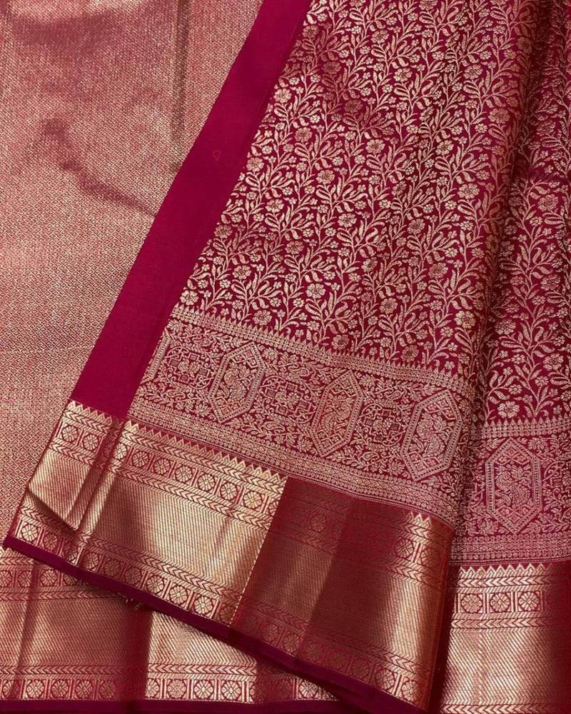 Maroon silk blend jacuard work festival saree with unstitched blouse piece