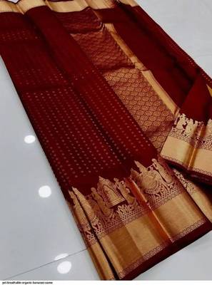 Maroon silk blend jacuard work festival saree with unstitched blouse piece 1