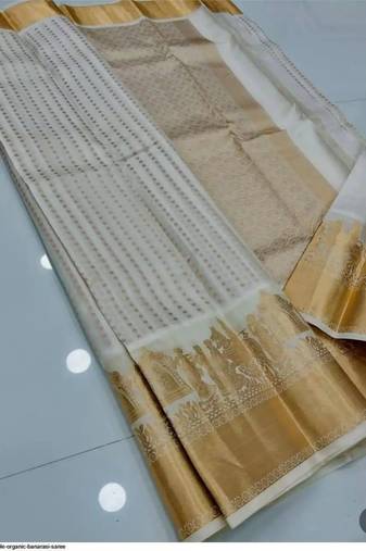 Off white silk blend jacuard work festival saree with unstitched blouse piece