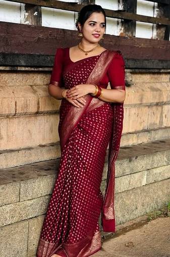 Maroon silk blend jacuard work festival saree with unstitched blouse piece