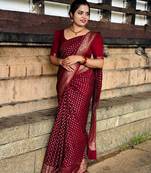 Maroon silk blend jacuard work festival saree with unstitched blouse piece