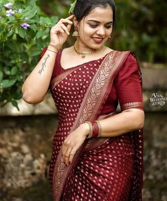 Maroon silk blend jacuard work festival saree with unstitched blouse piece 3