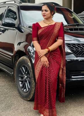 Maroon silk blend jacuard work festival saree with unstitched blouse piece 5