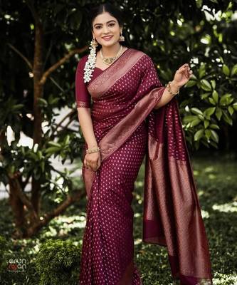 Maroon silk blend jacuard work festival saree with unstitched blouse piece 1