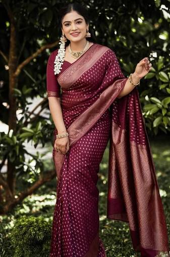 Maroon silk blend jacuard work festival saree with unstitched blouse piece