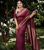Maroon silk blend jacuard work festival saree with unstitched blouse piece