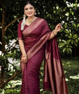 Maroon silk blend jacuard work festival saree with unstitched blouse piece 2