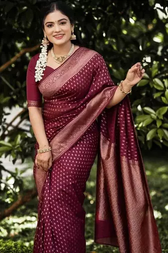 Maroon silk blend jacuard work festival saree with unstitched blouse piece