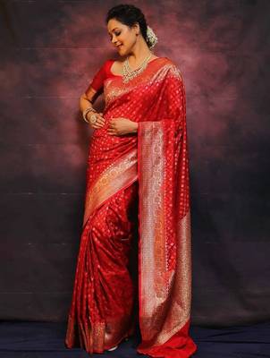 Red silk blend jacuard work festival saree with unstitched blouse piece 1
