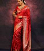 Red silk blend jacuard work festival saree with unstitched blouse piece