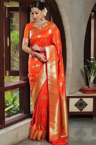 Orange silk blend jacuard work festival saree with unstitched blouse piece