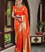 Orange silk blend jacuard work festival saree with unstitched blouse piece